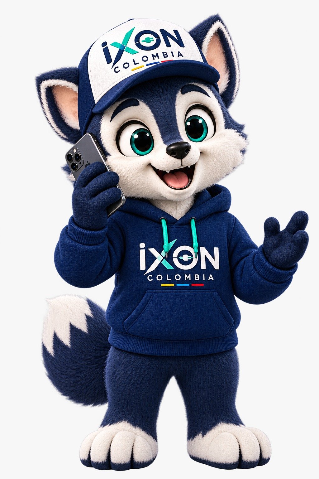 Mascota de IXON Colombia, un husky con gorra y buzo de la marca, saludando con su celular